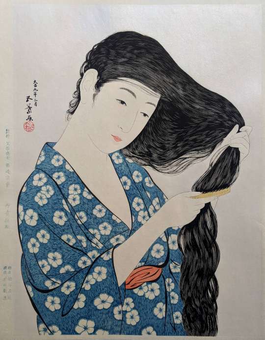 Hashiguchi Goyo “Woman Combing Her Hair” woodblock print thumbnail