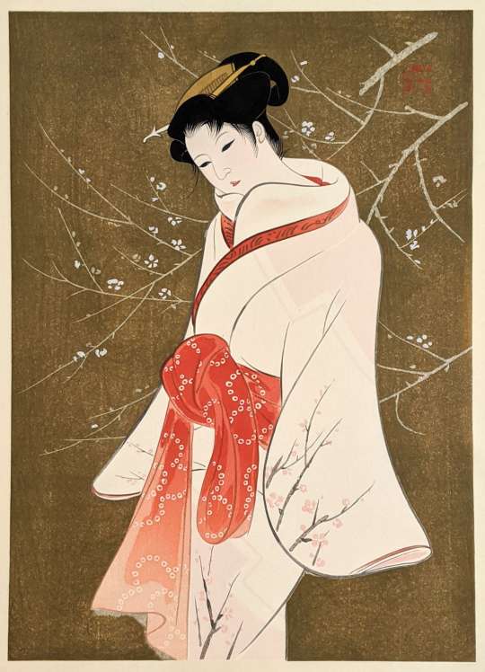 Iwata Sentaro “Beauty And Plum Blossoms” woodblock print thumbnail