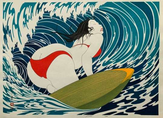 Okada Yoshio “Surfer Girl” woodblock print thumbnail