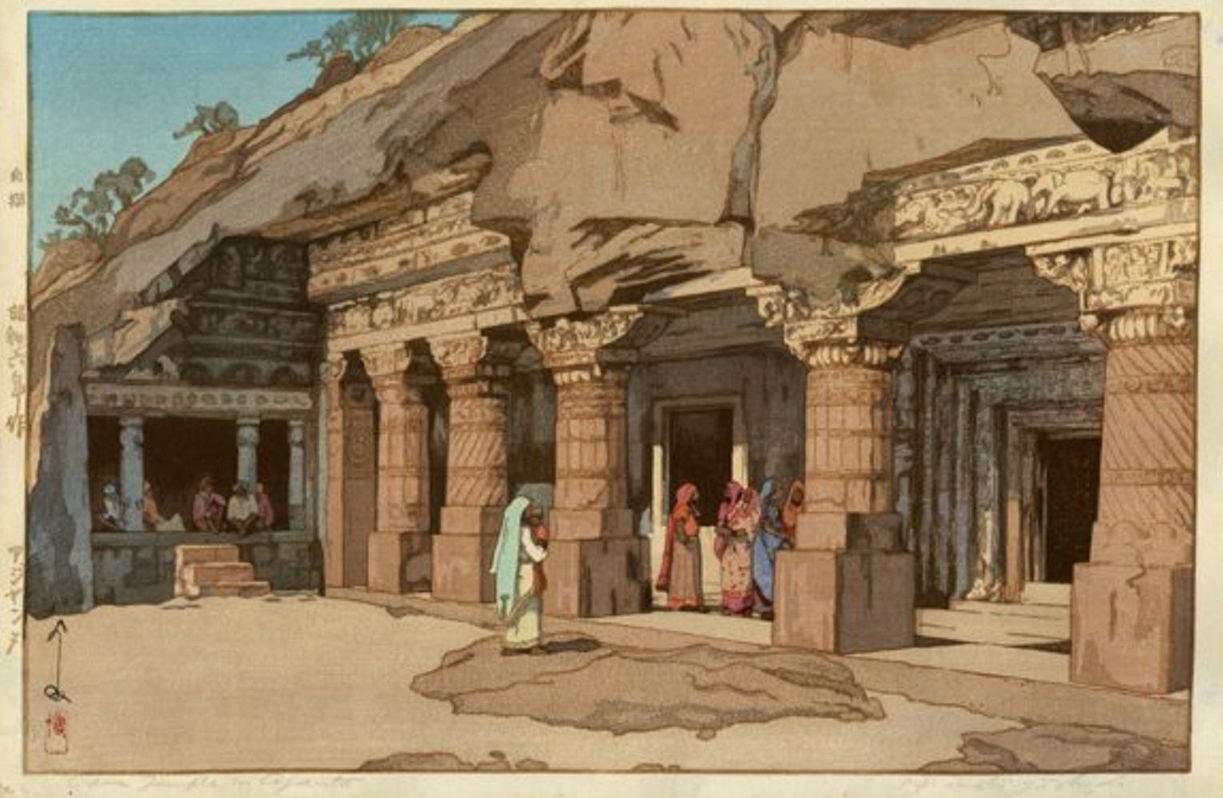 Cave Temple in Ajanta woodblock print