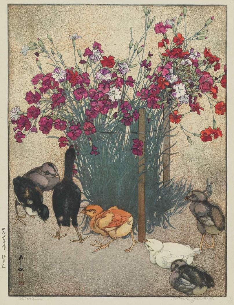 Chickens woodblock print