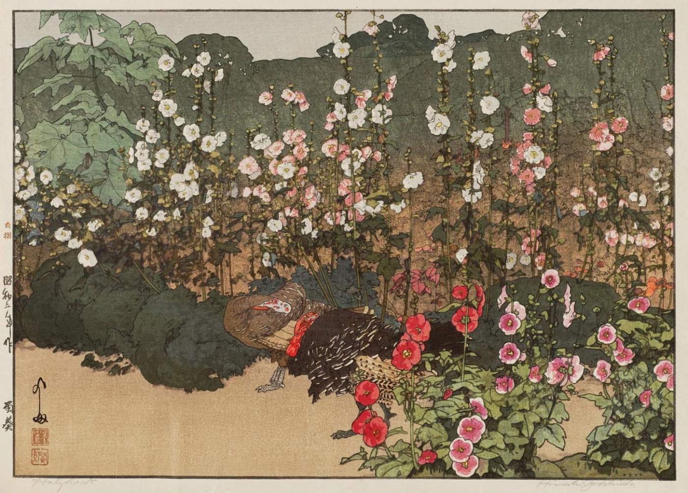 Hollyhock woodblock print