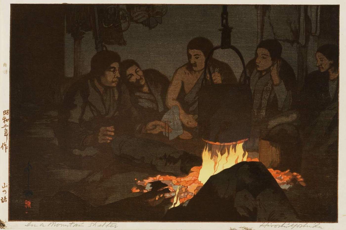 In a Mountain Shelter woodblock print