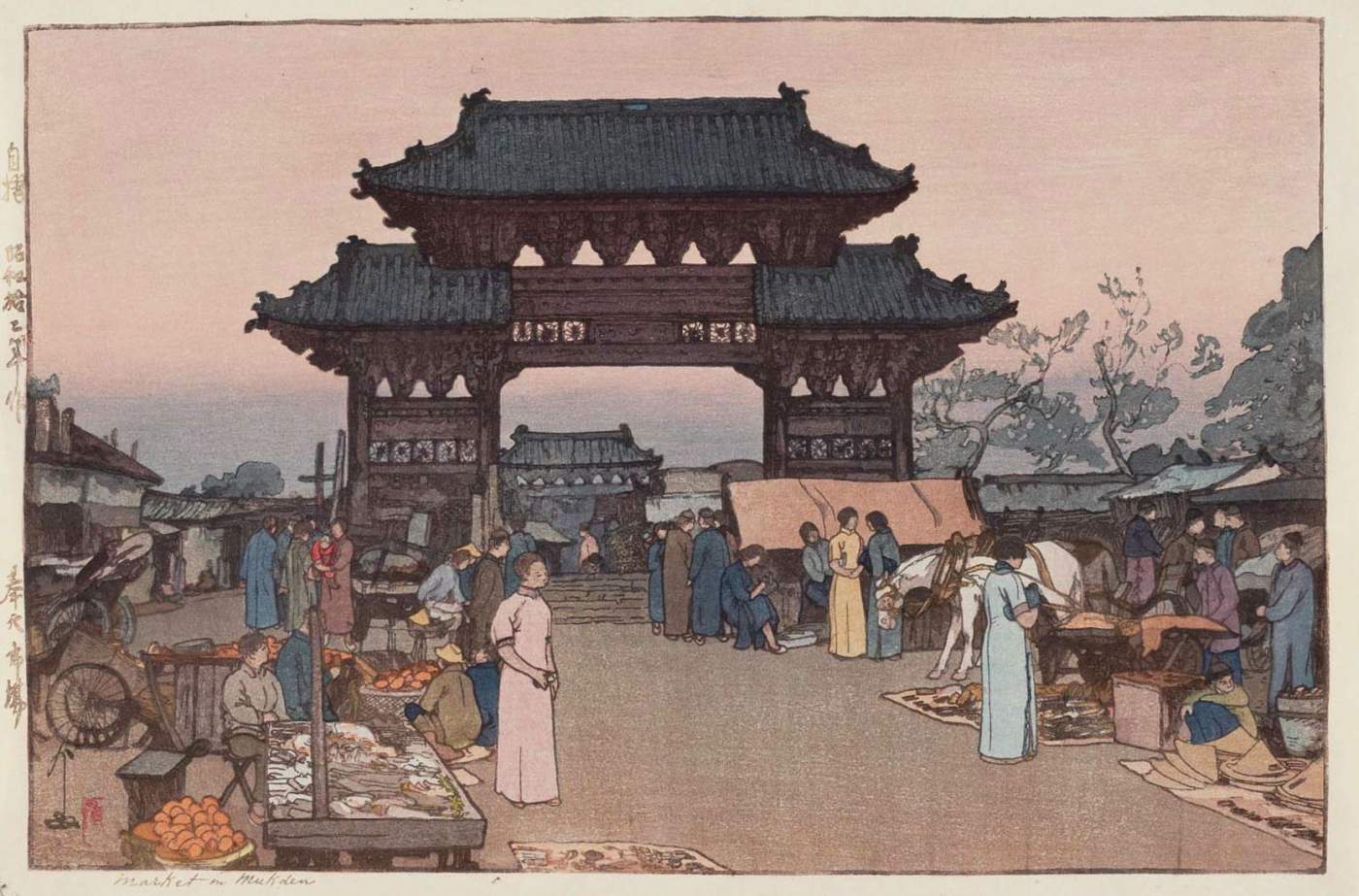 Market in Mukden woodblock print
