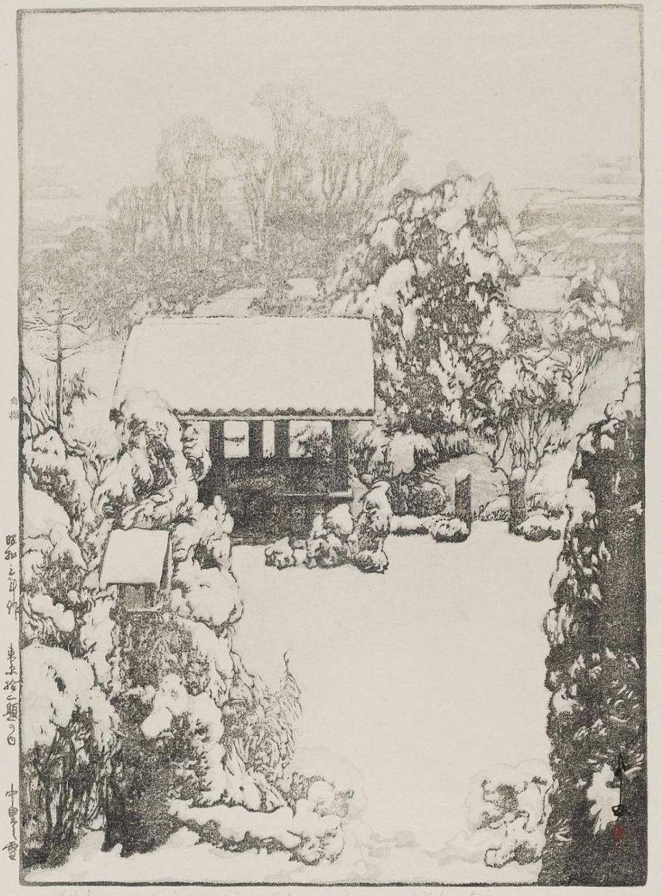 Hiroshi Yoshida “Snow at Nakazato” 1928 woodblock print