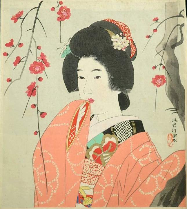 Beauty and Plum Blossoms - Ito Shinsui Catalogue woodblock print