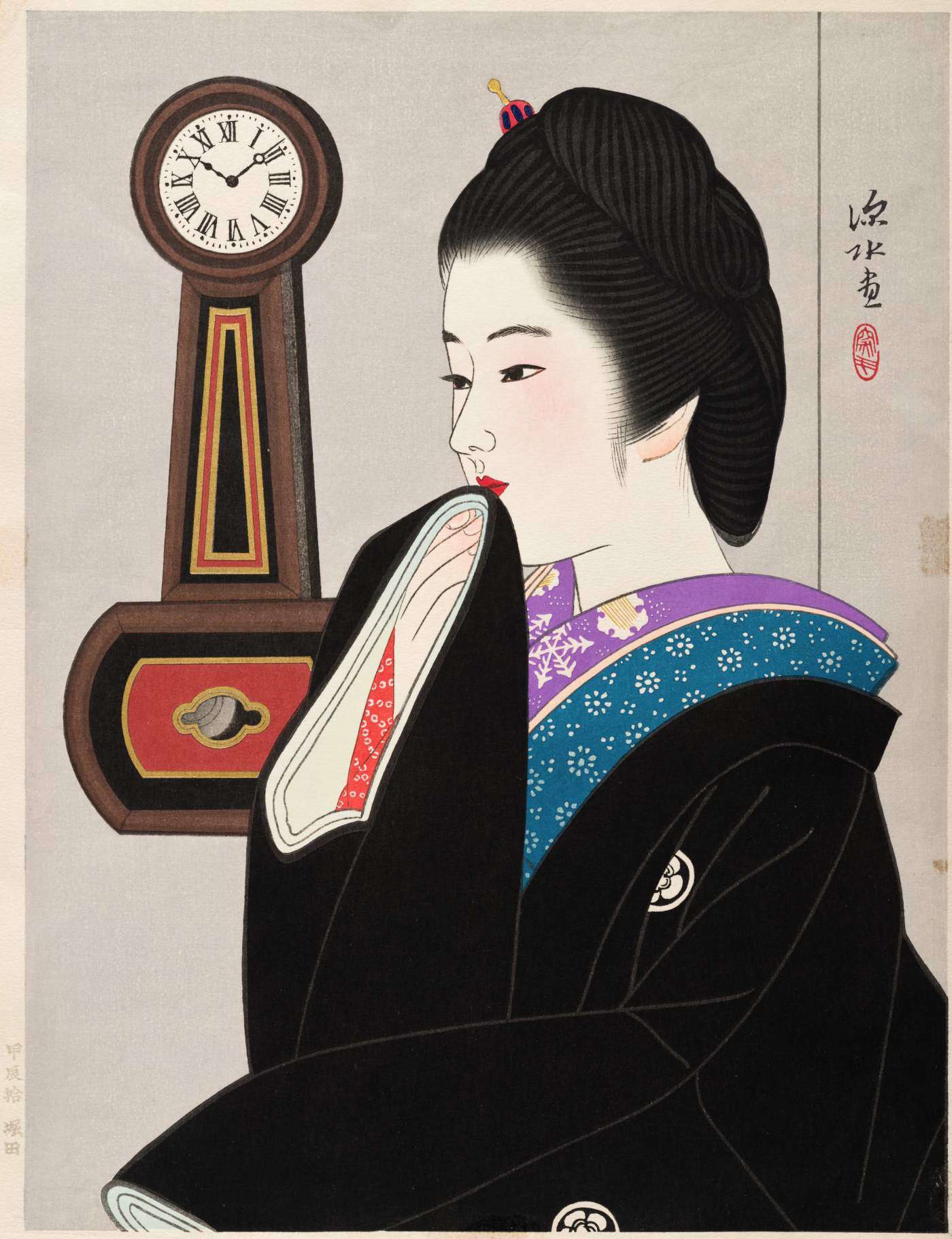 Clock and Beauty II (Yakai Maki) - Ito Shinsui Catalogue woodblock print