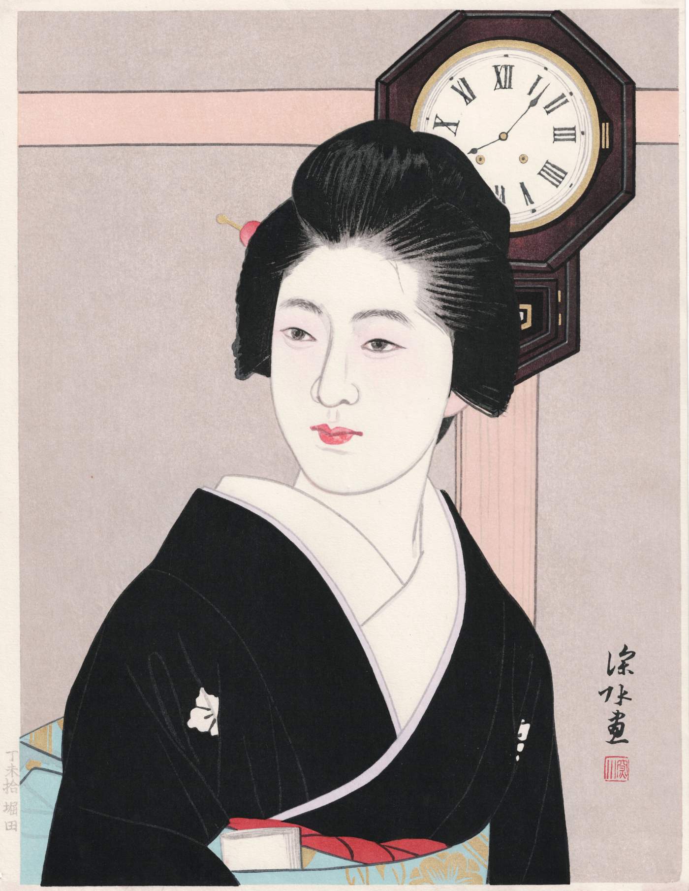 Clock and Beauty III (Bonbon Clock) - Ito Shinsui Catalogue woodblock print