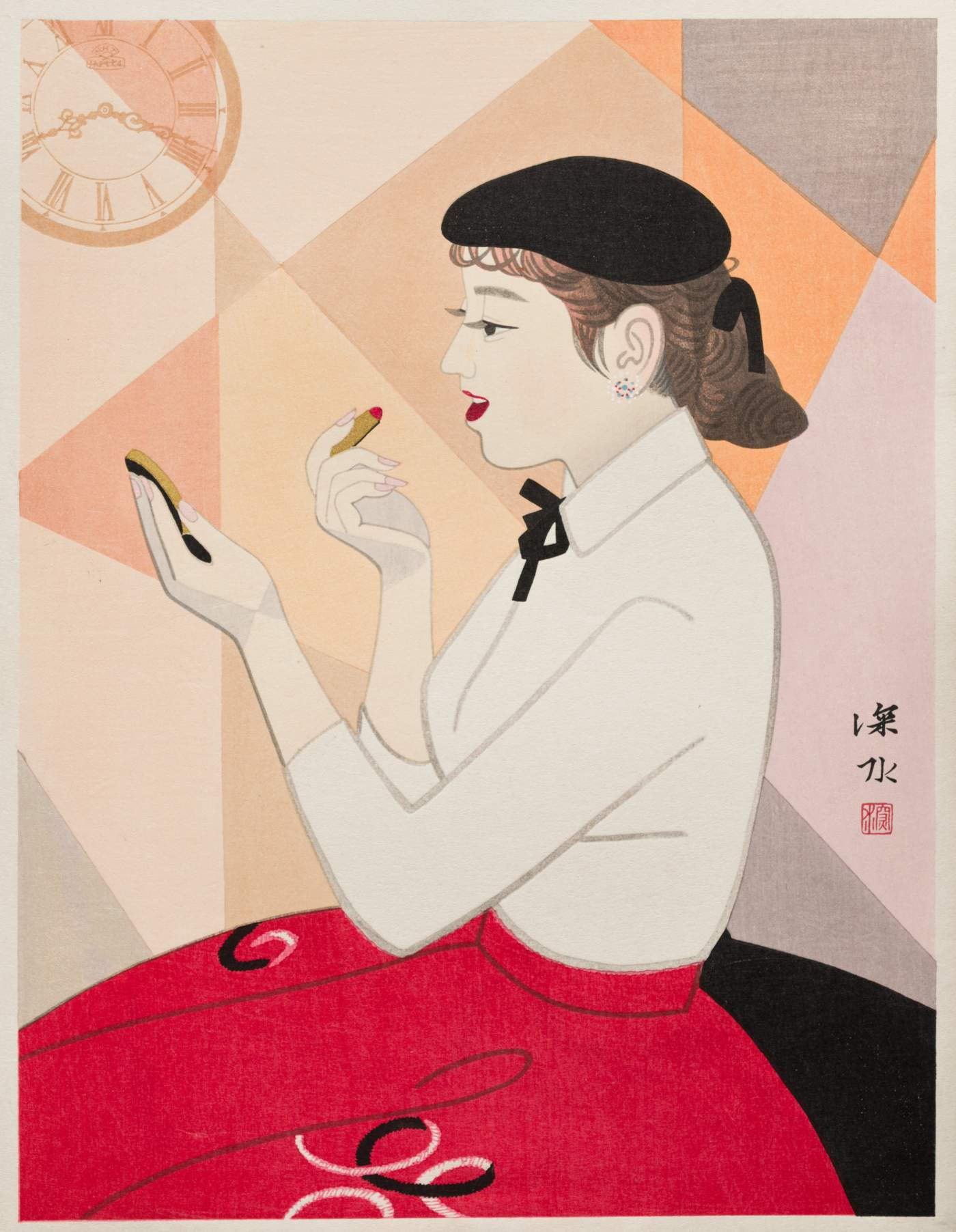 Clock and Beauty IV (Red and White) - Ito Shinsui Catalogue woodblock print