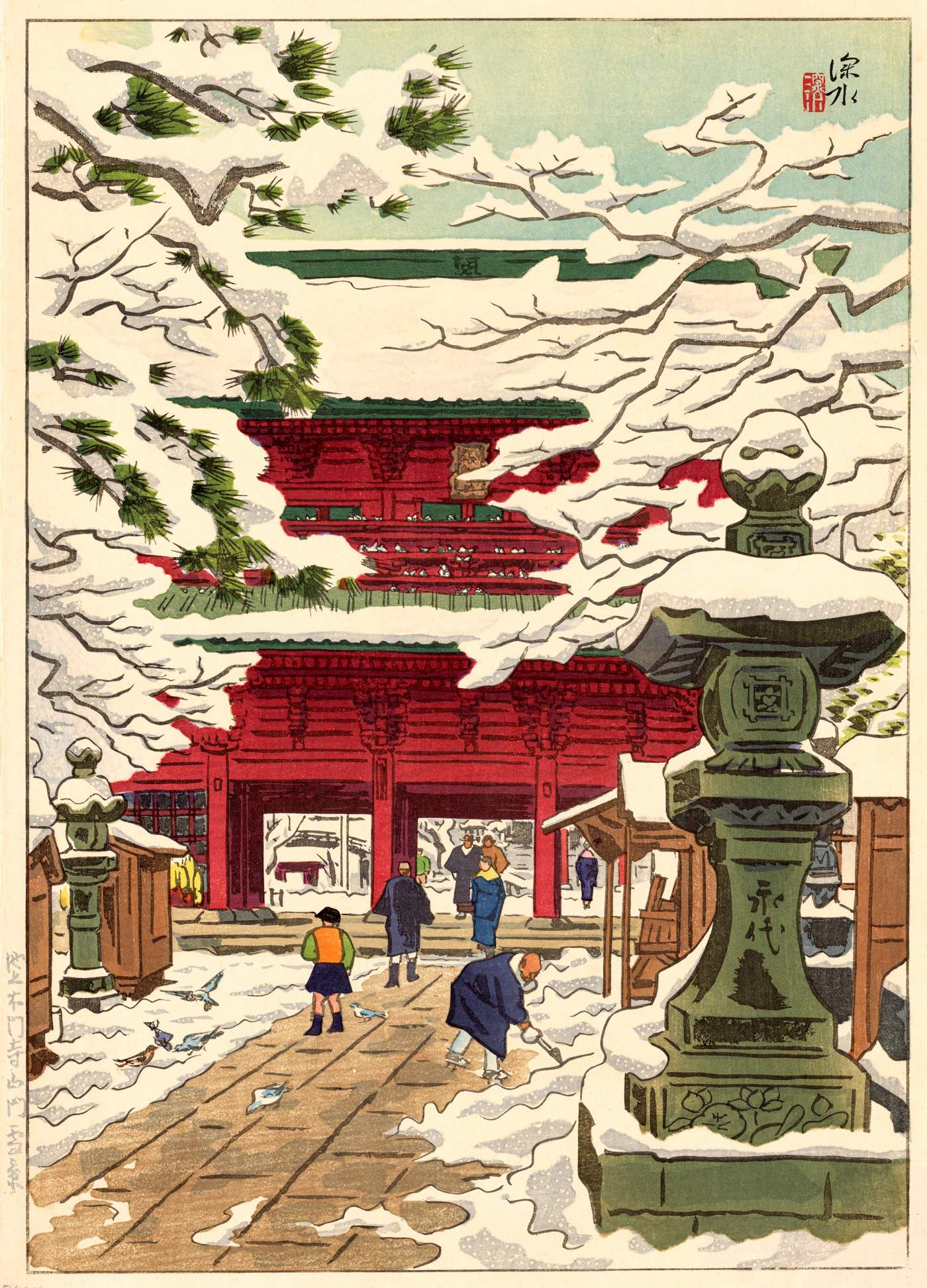 Snow at Ikegami Honmonji Temple - Ito Shinsui Catalogue woodblock print