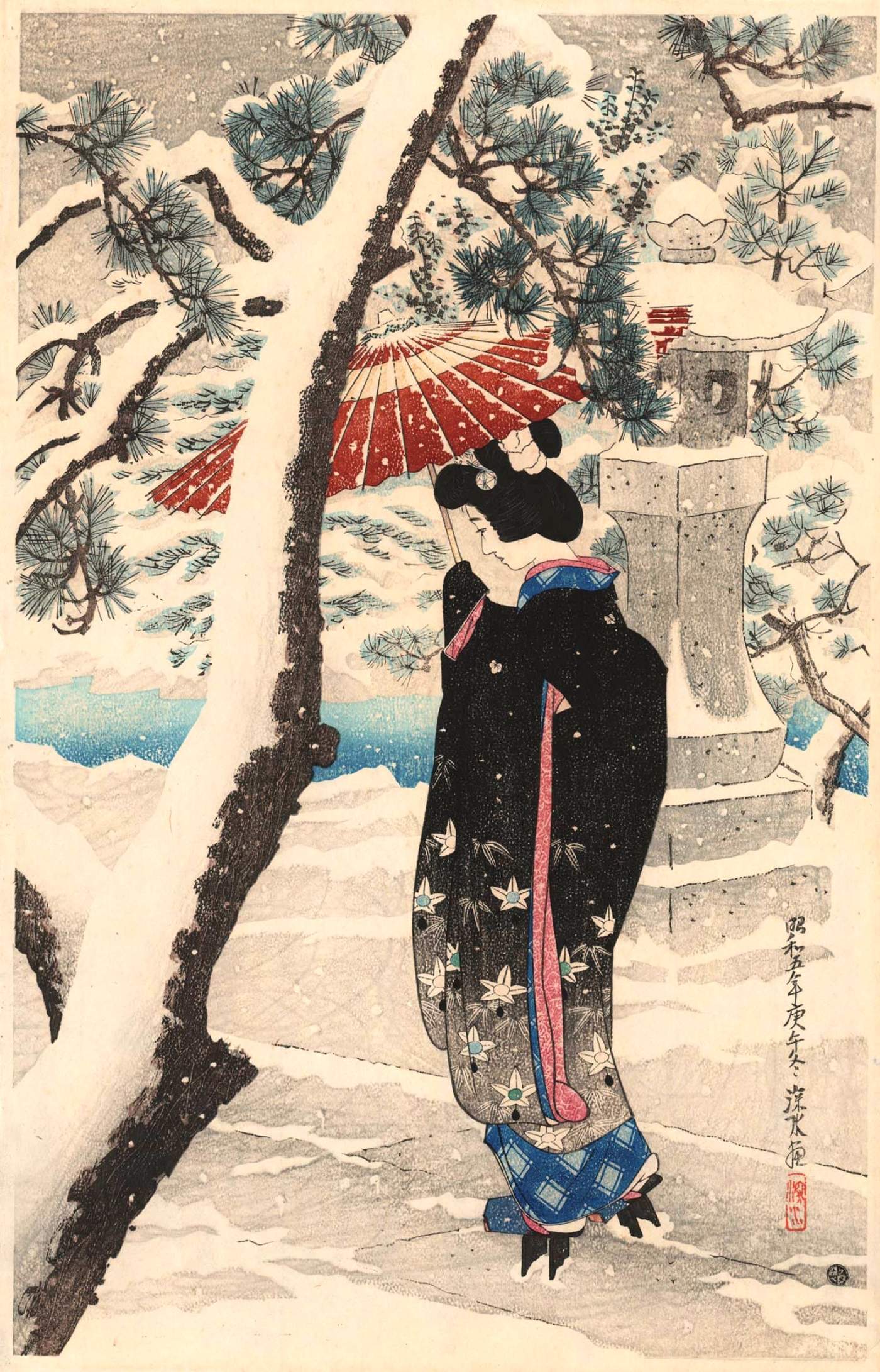 Snow at the Shrine - Ito Shinsui Catalogue woodblock print