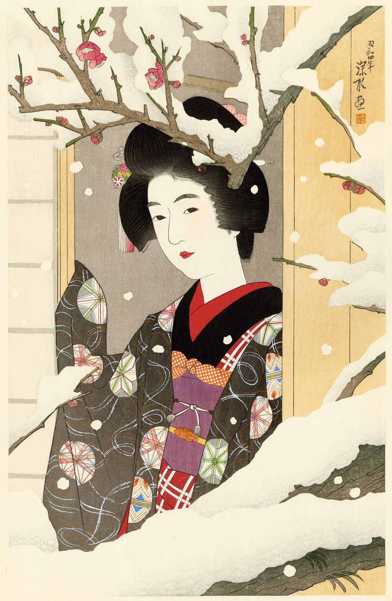 Woman Admiring Plum Blossoms in Snow - Ito Shinsui Catalogue woodblock print