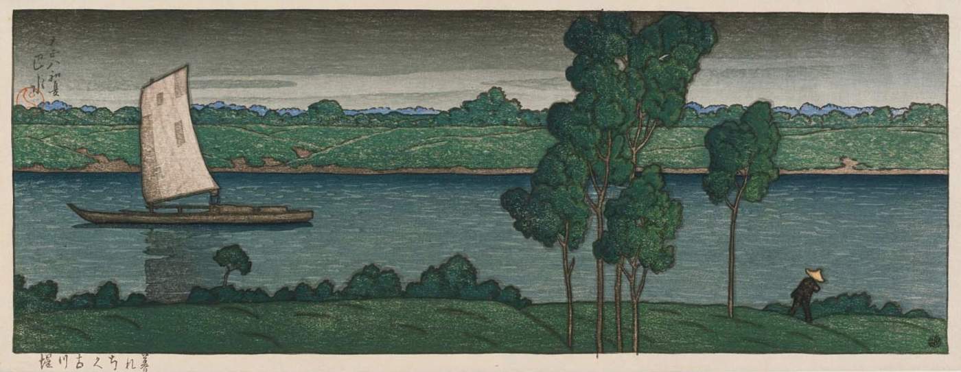 Approaching Dusk on the Furukawa
Embankment - Kawase Hasui Catalogue woodblock print