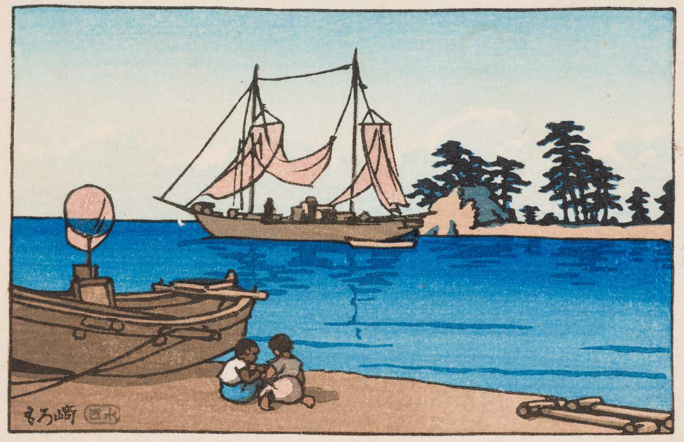Children at Morozaki - Kawase Hasui Catalogue woodblock print