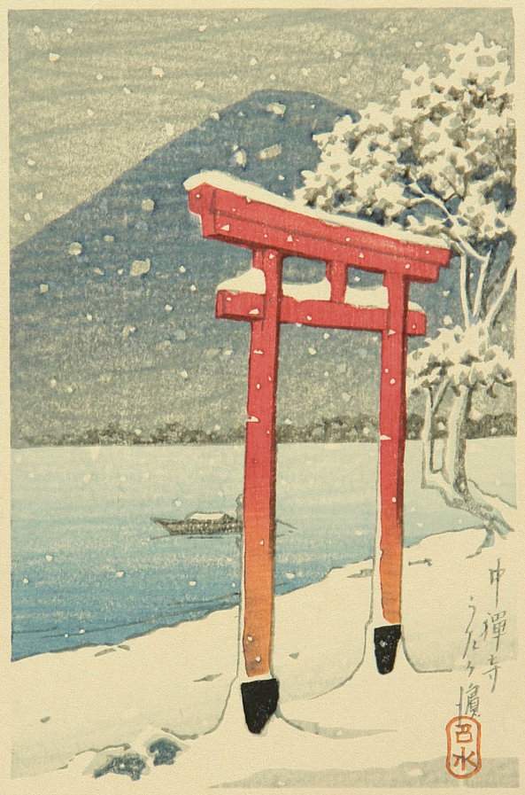 Chuzenji Torii in Snow, Utagahama - Kawase Hasui Catalogue woodblock print