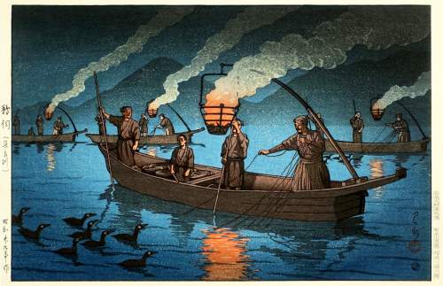Kawase Hasui - Cormorant Fishing on Nagara River thumbnail