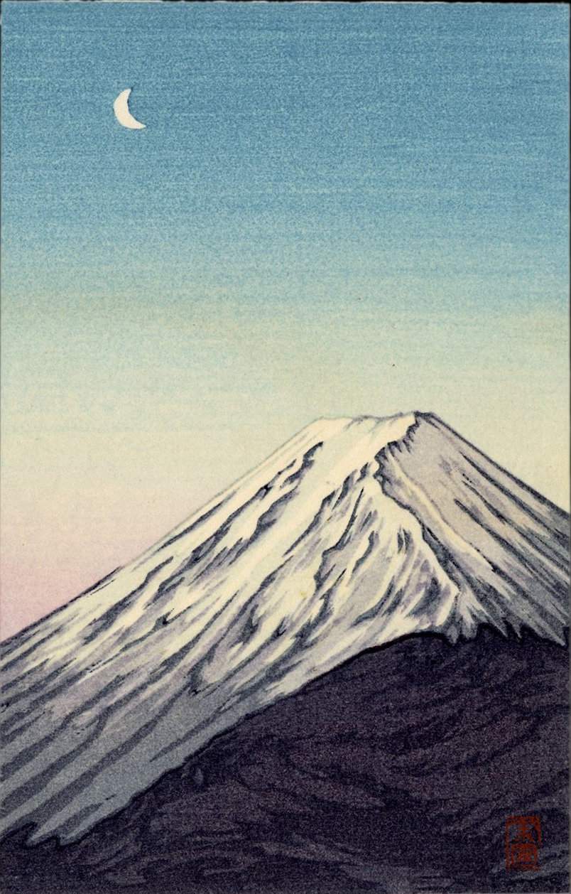 Crescent Moon and Mt Fuji - Kawase Hasui Catalogue woodblock print