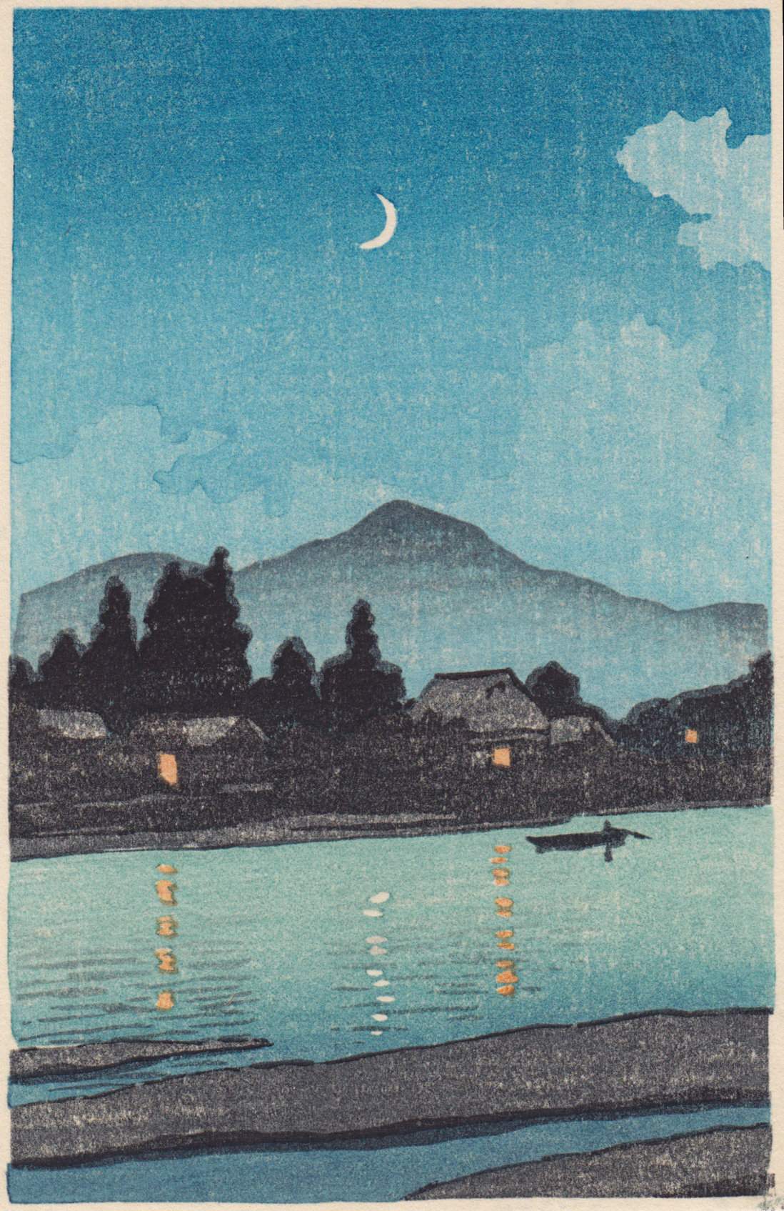 Crescent Moon on River Tama - Kawase Hasui Catalogue woodblock print