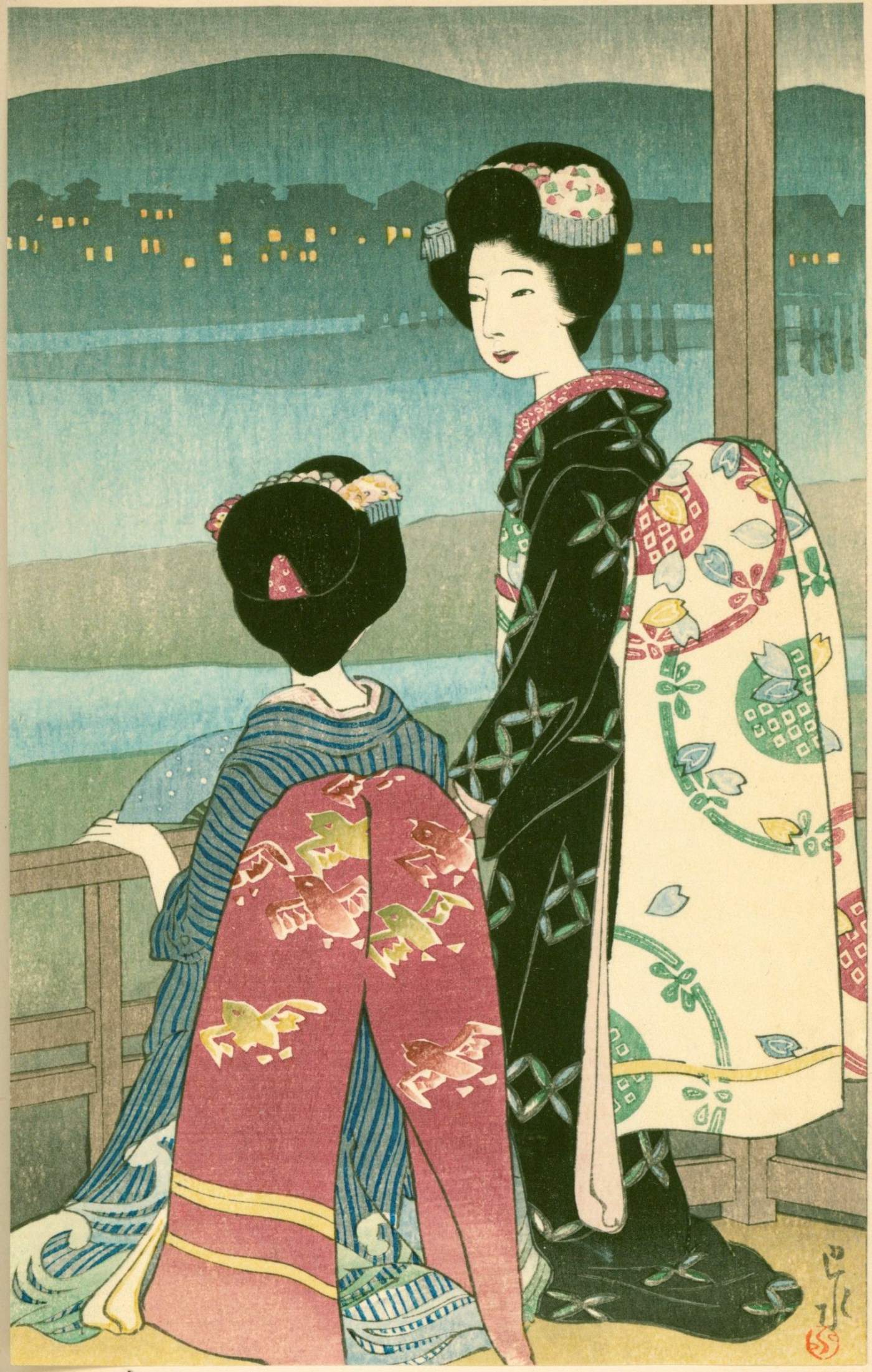 Dancing Girls Enjoying Cool Breeze on River Kamo - Kawase Hasui Catalogue woodblock print