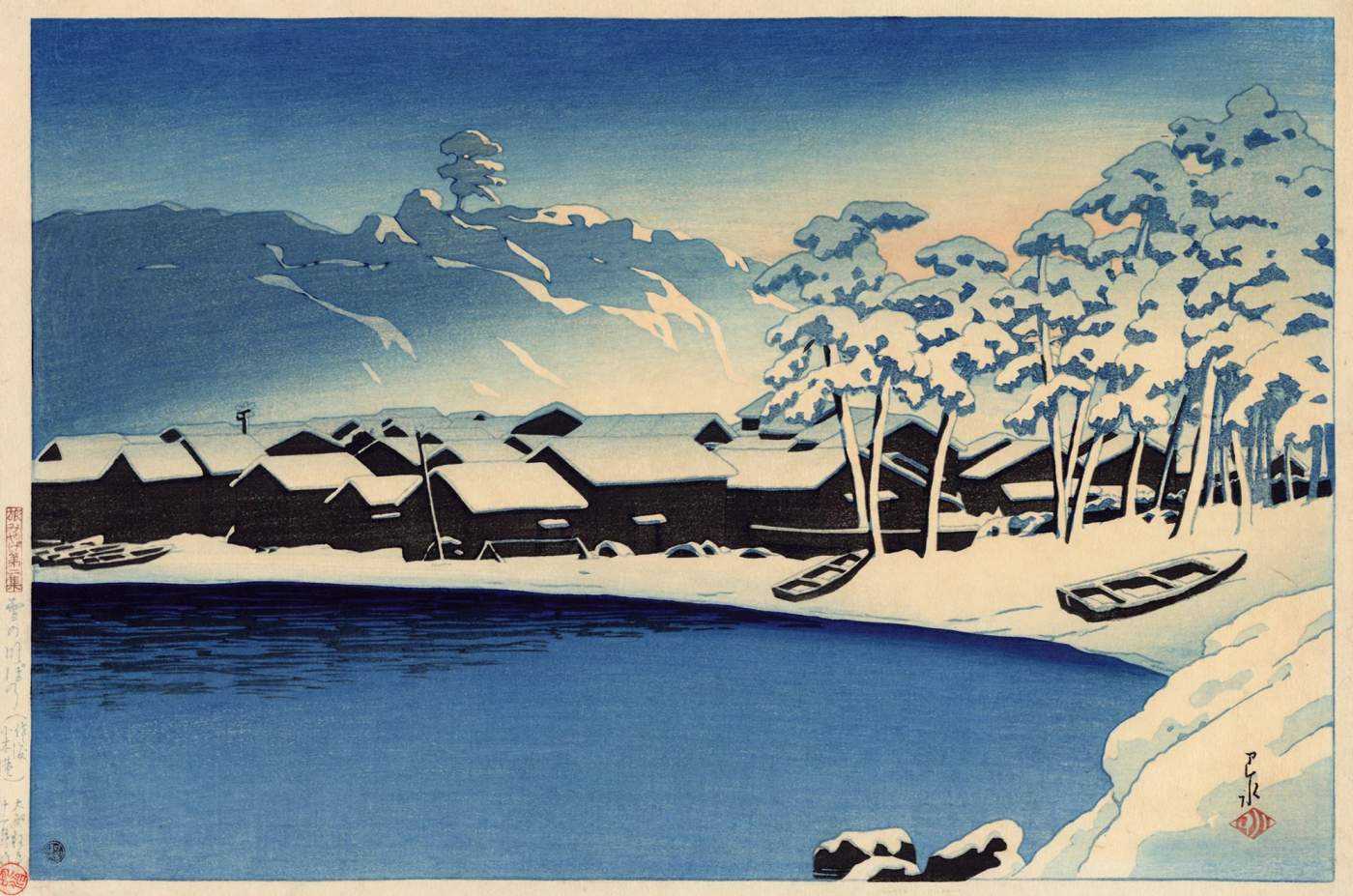 Dawn Snow: The Port of Ogi, Sado - Kawase Hasui Catalogue woodblock print