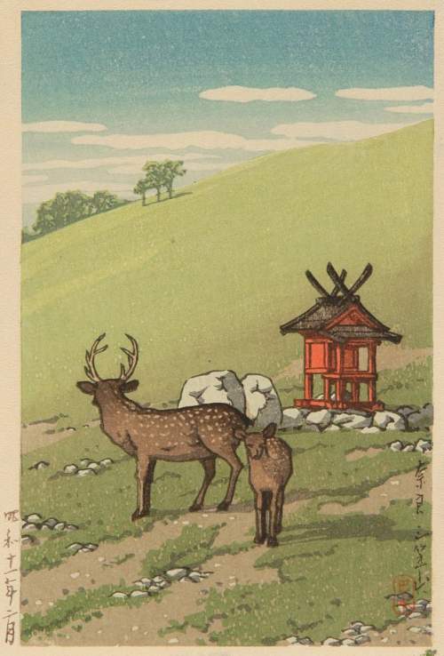 Kawase Hasui - Deer Strolling at Kasuga Shrine, Nara thumbnail
