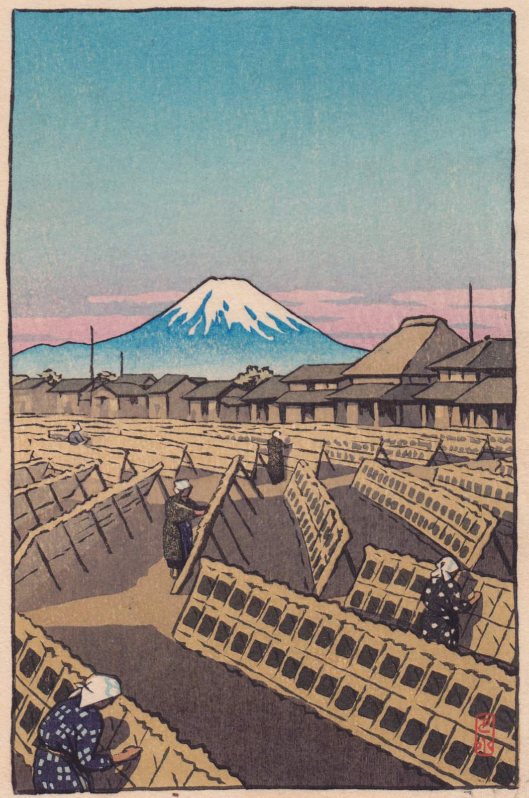 Drying Nori and Mount Fuji - Kawase Hasui Catalogue woodblock print