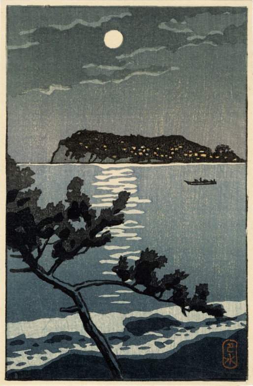 Enoshima in the Moonlight - Kawase Hasui Catalogue woodblock print