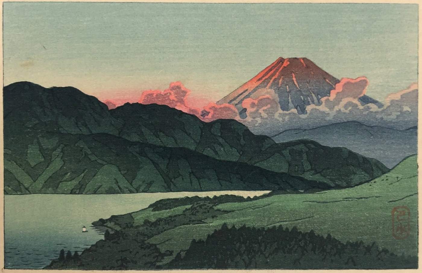 Evening of Mount Fuji from Lake Ashino-ko - Kawase Hasui Catalogue woodblock print