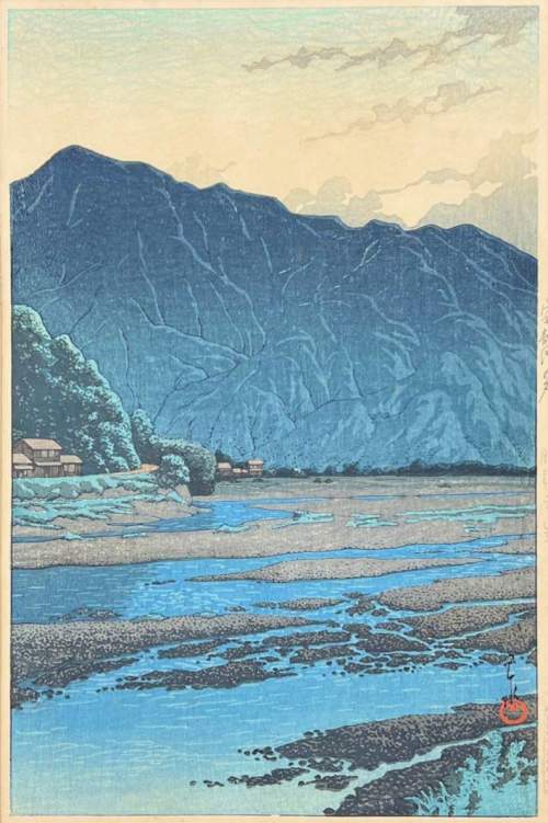 Kawase Hasui - Evening on the Abe River thumbnail