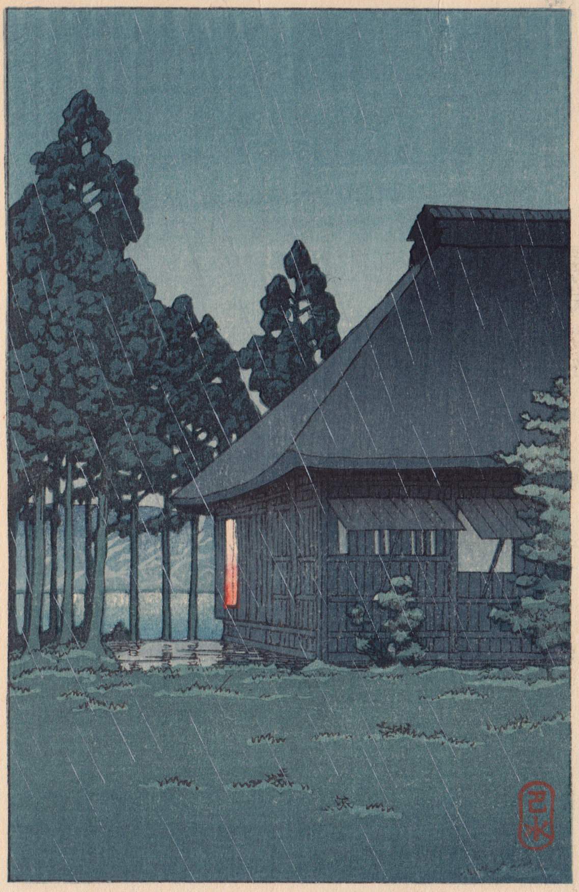 Evening Rain at the Lakeside Tearoom - Kawase Hasui Catalogue woodblock print