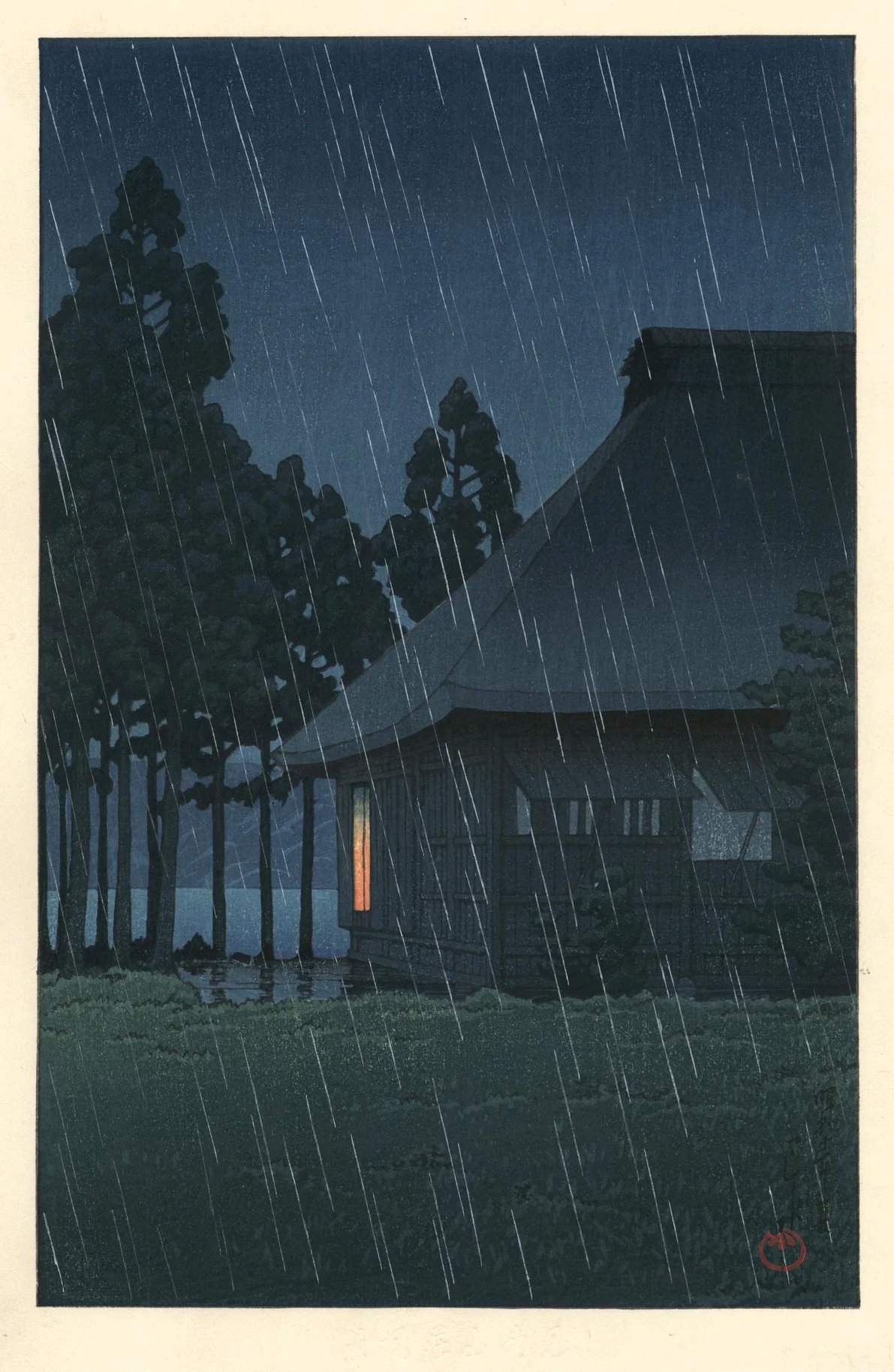 Evening Rain at the Lakeside Tearoom - Kawase Hasui Catalogue woodblock print