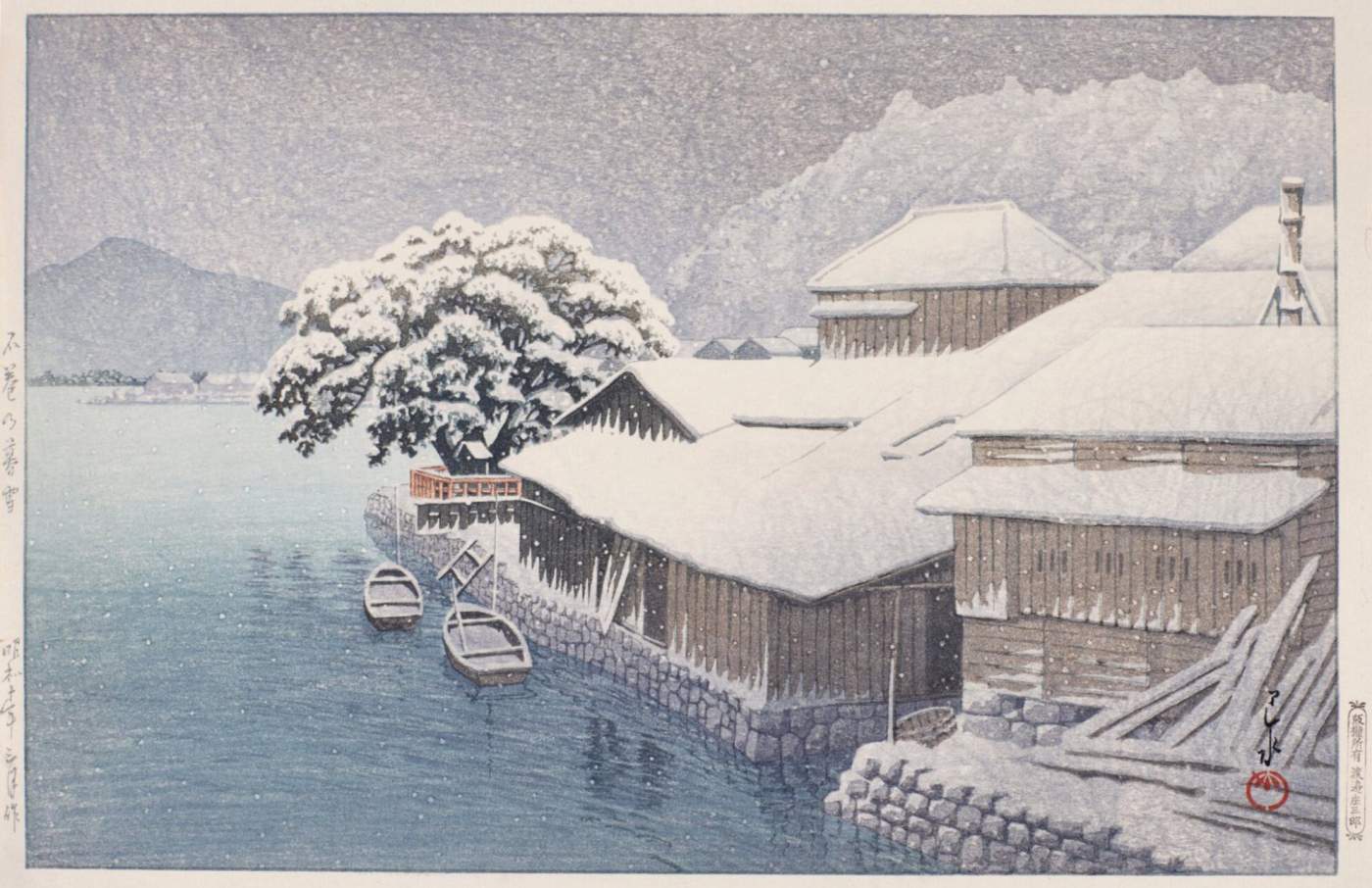 Evening Snow at Ishinomaki - Kawase Hasui Catalogue woodblock print