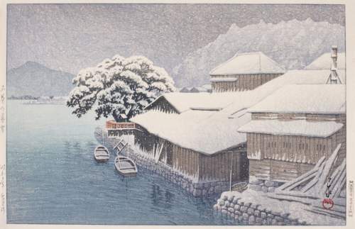 Kawase Hasui - Evening Snow at Ishinomaki thumbnail