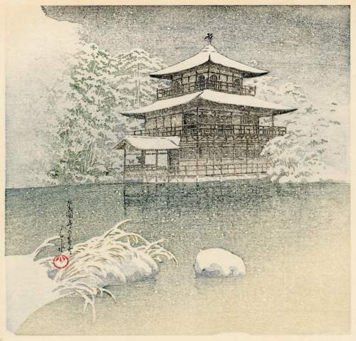Kawase Hasui - Evening Snow at Kinkakuji thumbnail