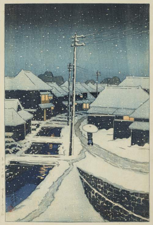 Kawase Hasui - Evening Snow at Terajima Village thumbnail