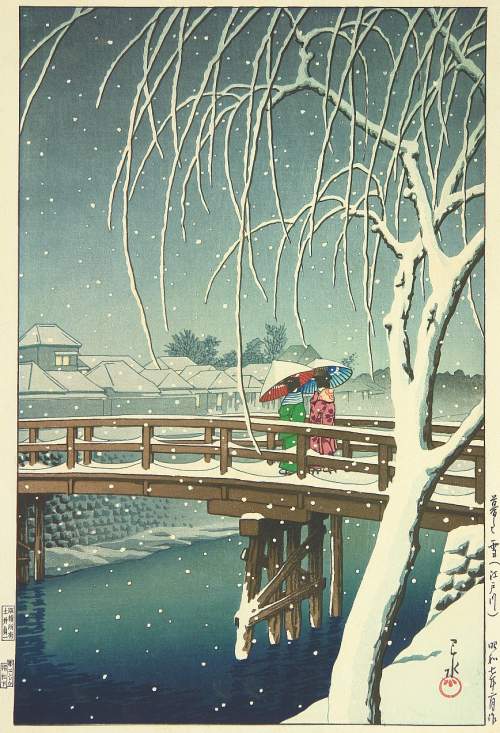 Kawase Hasui - Evening Snow, Edo River thumbnail