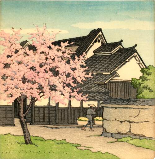 Kawase Hasui - Farmhouse and Cherry Blossoms thumbnail