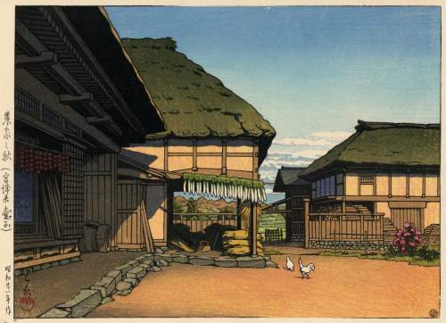 Kawase Hasui - Farmhouse in Autumn, Ayashi, Miyagi thumbnail