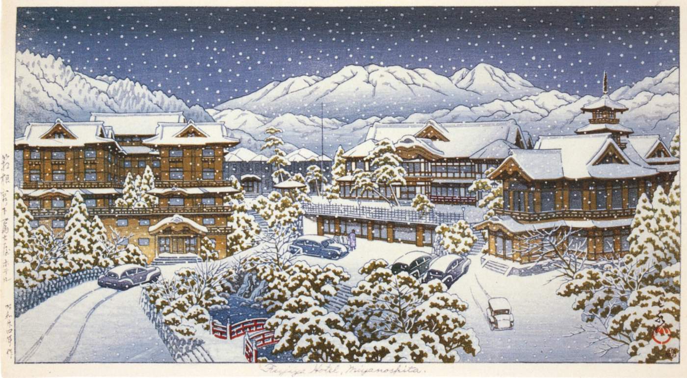 Fujiya Hotel, Miyanoshita, Hakone (Winter) - Kawase Hasui Catalogue woodblock print