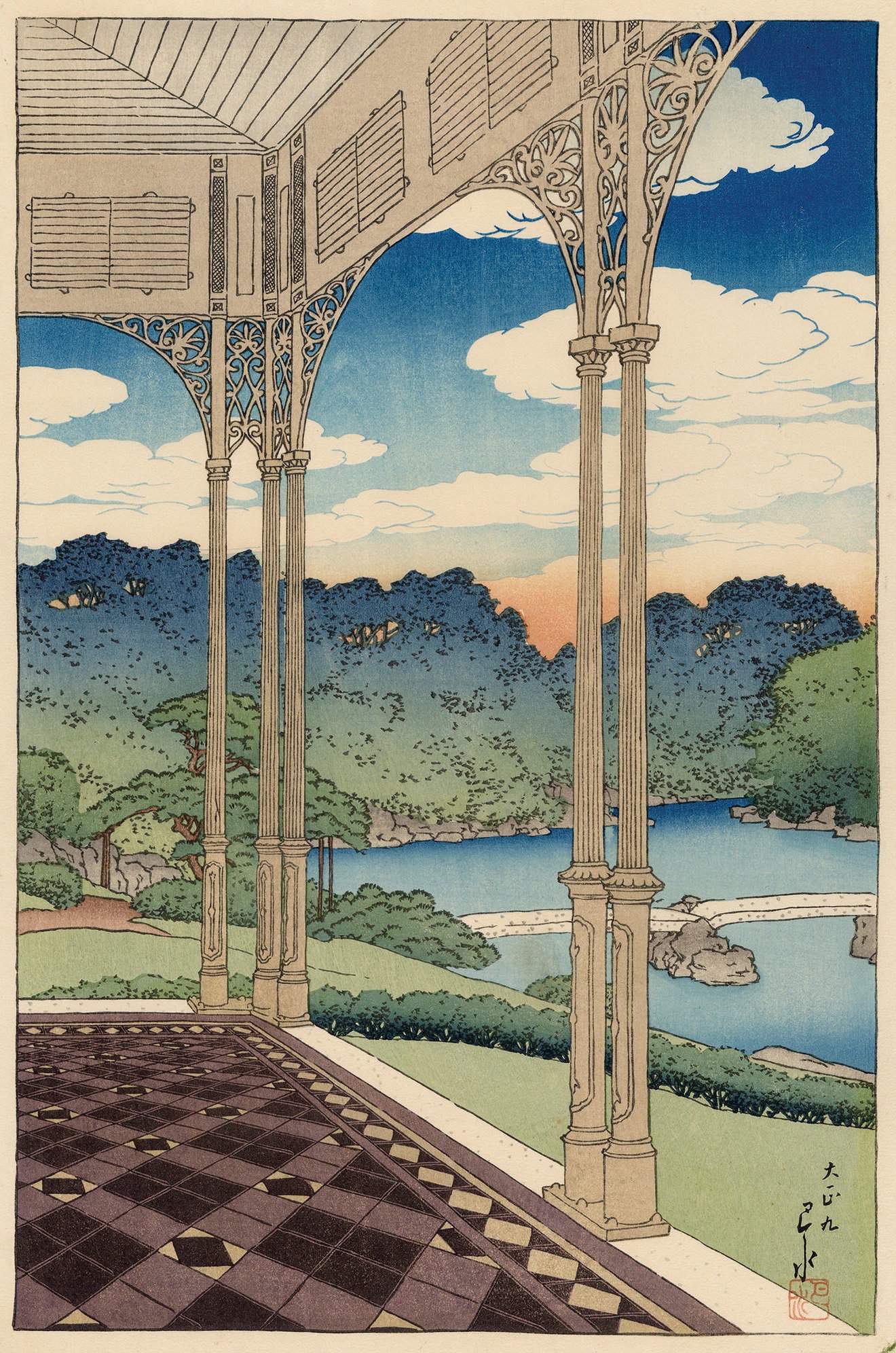 The Garden Viewed from a Western-style Building - Kawase Hasui Catalogue woodblock print