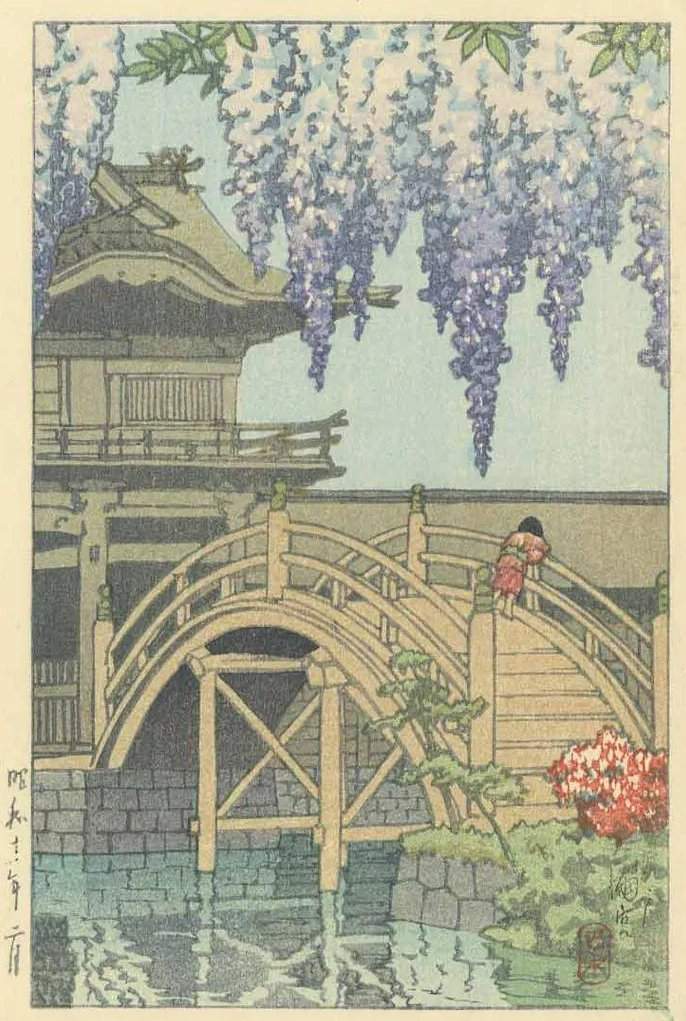 Kameido Shrine and its Wisteria Blossoms - Kawase Hasui Catalogue woodblock print