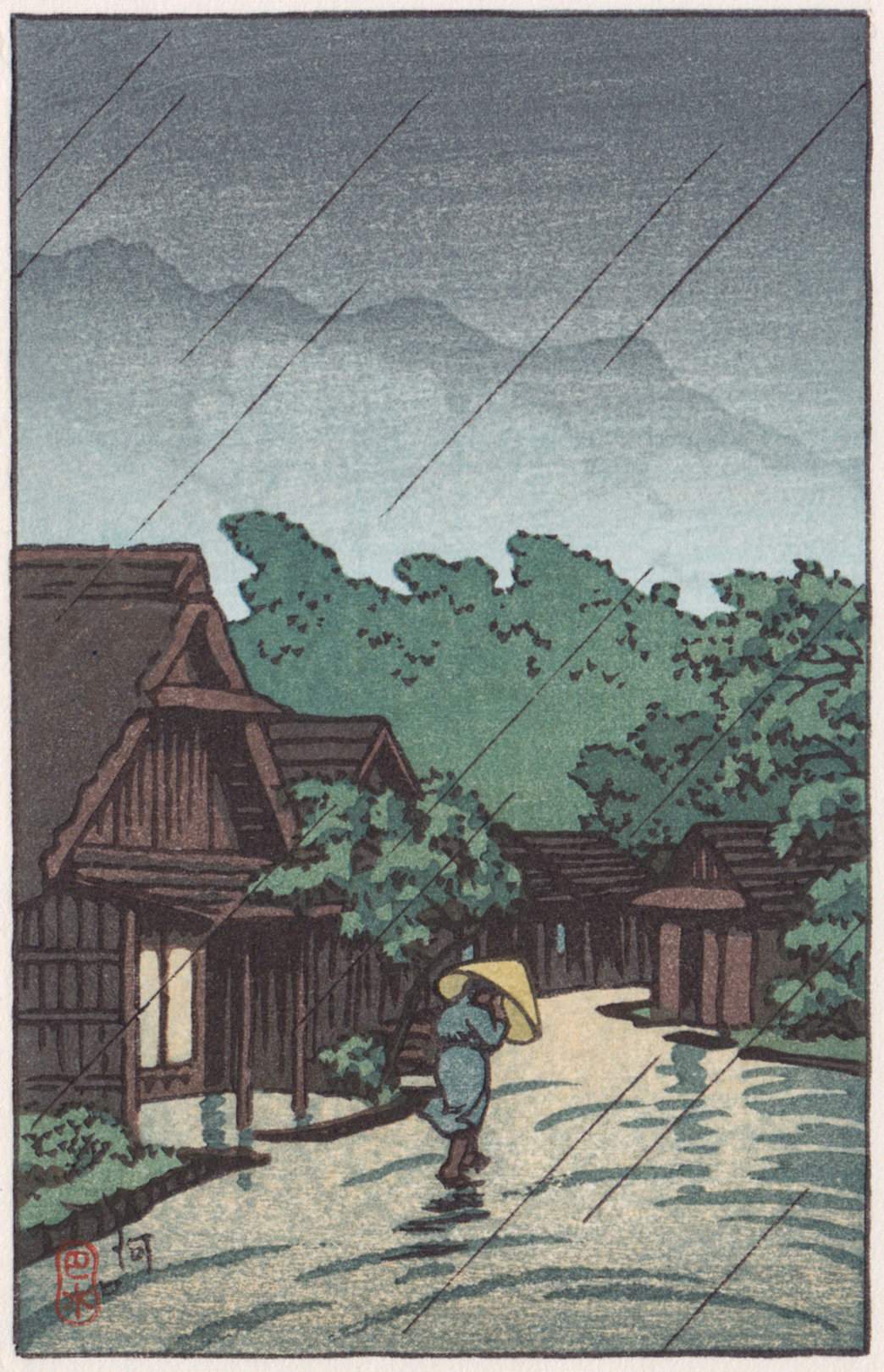 Kawaguchi in Rain - Kawase Hasui Catalogue woodblock print