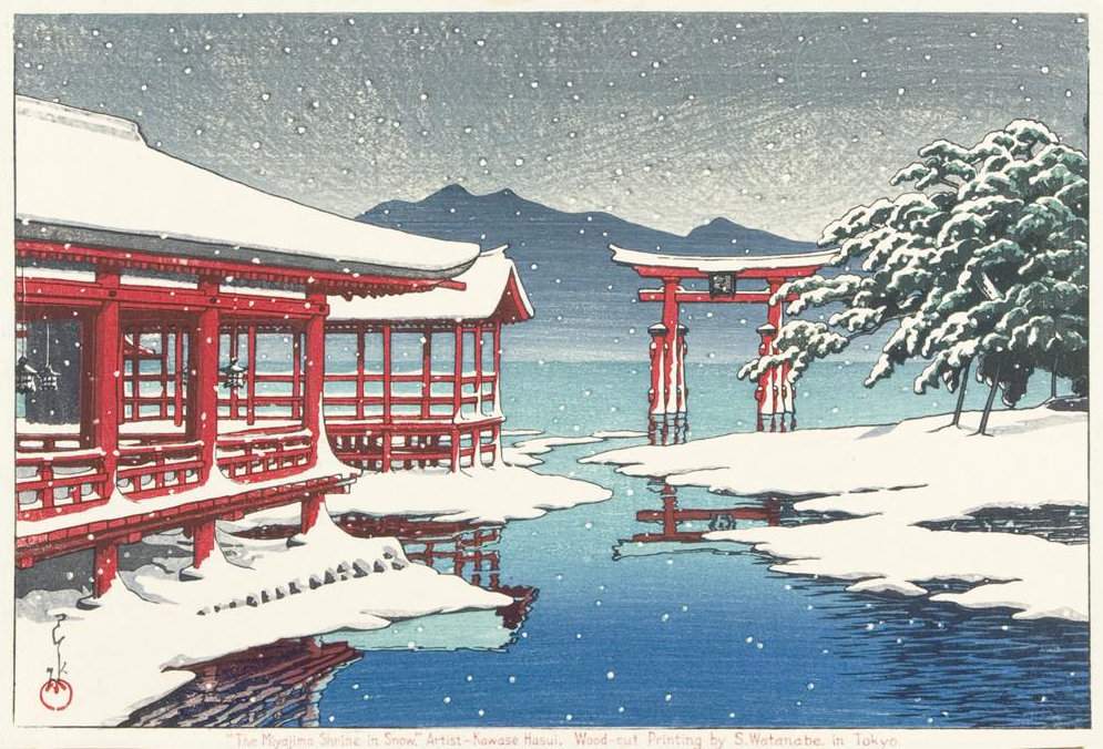 Miyajima Shrine in Snow - Kawase Hasui Catalogue woodblock print