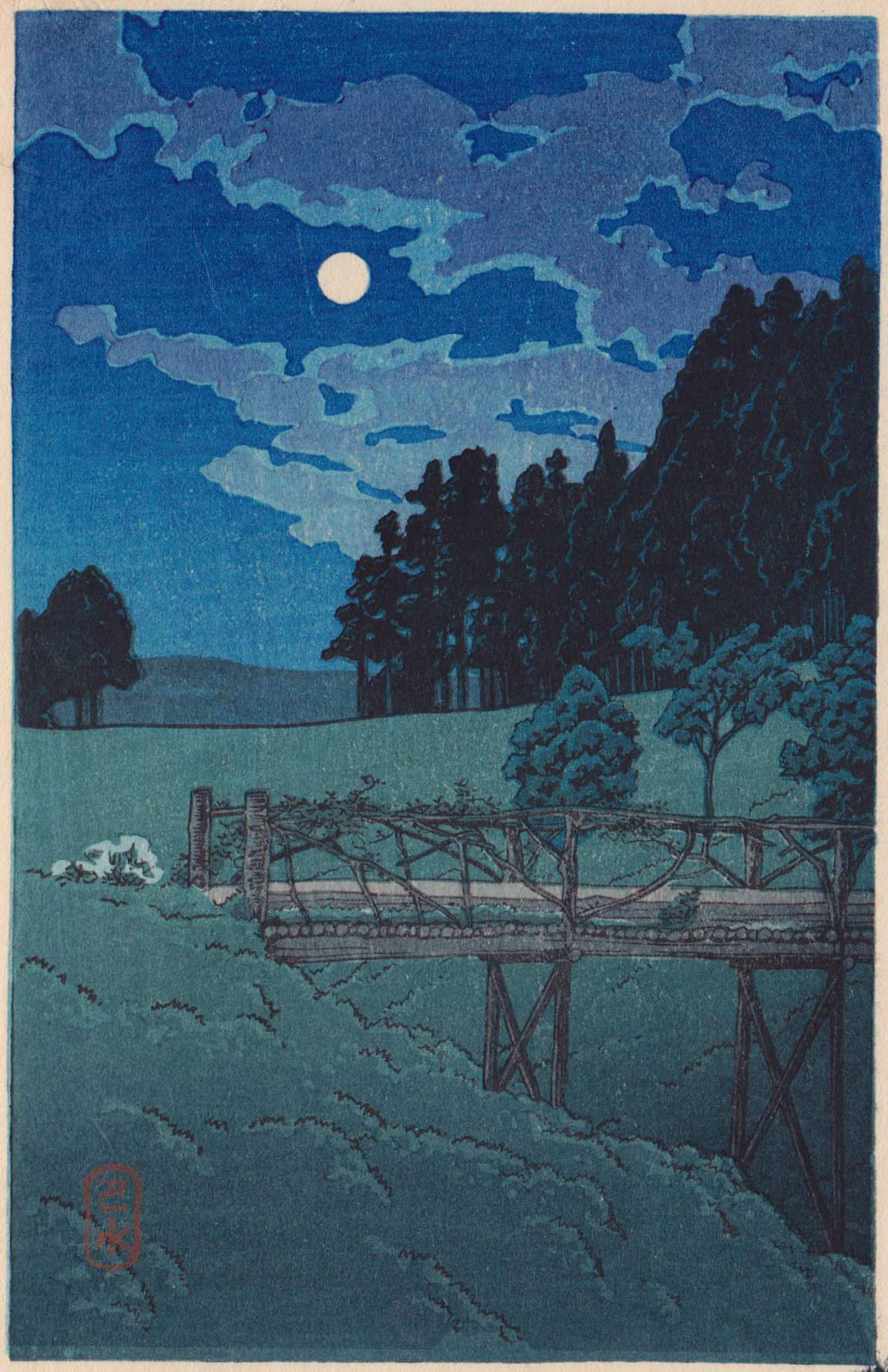 Moon over the Akebi Bridge - Kawase Hasui Catalogue woodblock print
