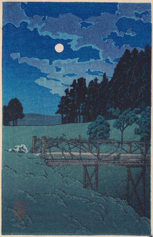 Kawase Hasui - Moon over the Akebi Bridge thumbnail