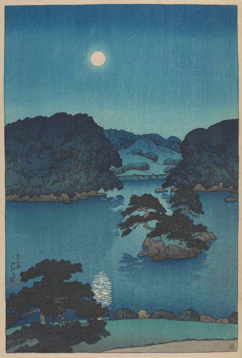 Kawase Hasui - Moonlit Night, Daisensui Pond thumbnail