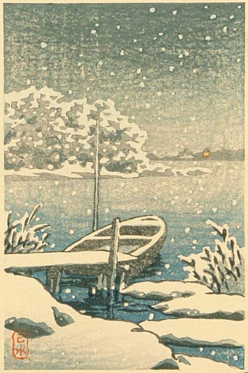 Kawase Hasui - Moored Boat in Snow thumbnail