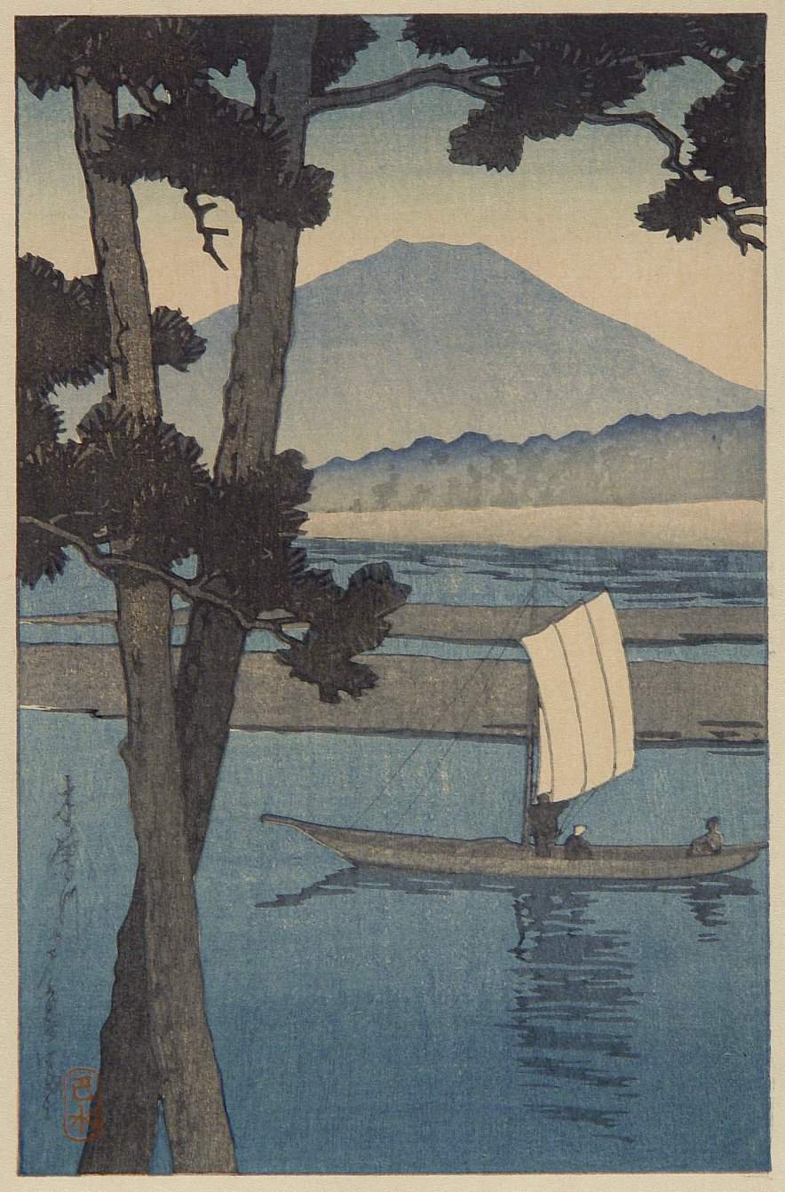 Mount Fuji from Kiso River at Dusk - Kawase Hasui Catalogue woodblock print