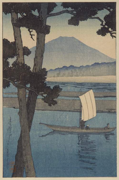 Kawase Hasui - Mount Fuji from Kiso River at Dusk thumbnail