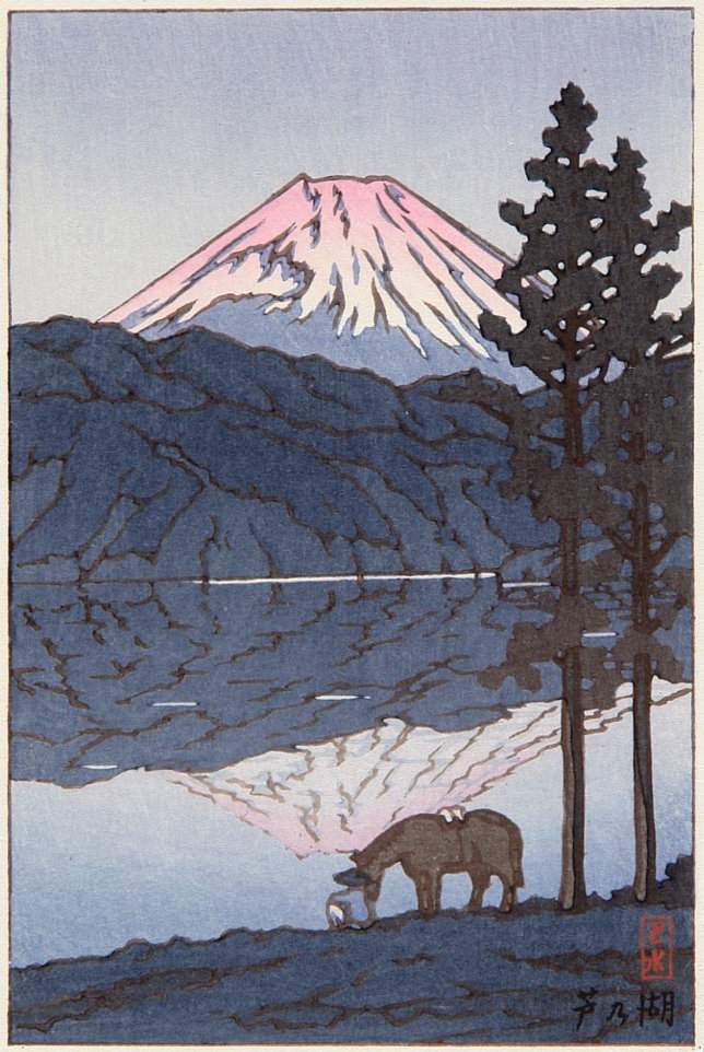 Mount Fuji, Lake Ashi and a Horse - Kawase Hasui Catalogue woodblock print